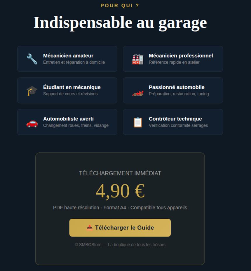 Guide PDF Couples de Serrage Automobile | 150+ Pièces Mécaniques | Freins Culasse Roues Moteur | Mécanique Auto